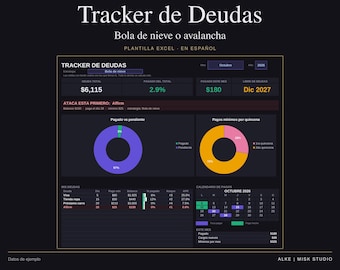 May include: A digital debt tracker Excel template in Spanish featuring a dark interface with data visualizations, including a donut chart for payment progress, a monthly payment calendar, and a summary table displaying debt totals and payment schedules.