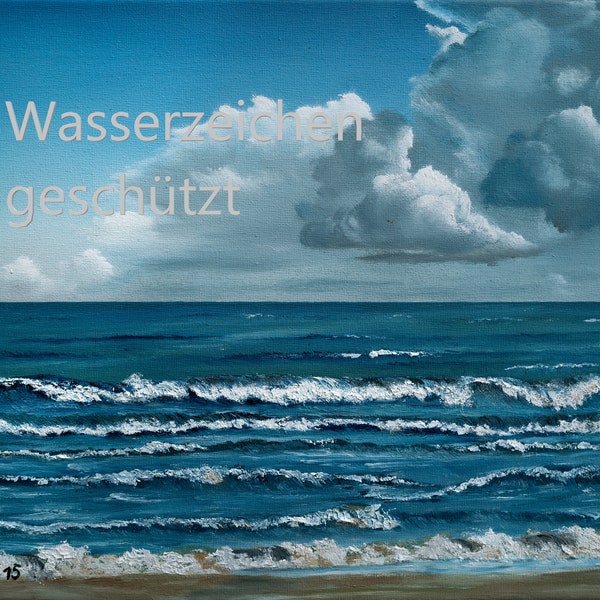 Ölgemälde Strandmotiv Ostseewellen Wellen Usedomstrand Strand Wasser, hochwertiger Druck auf Leinwand, blau, weiß