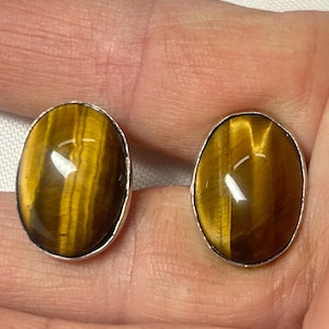 Vintage Sterling Silver and Tiger Eye Stone Unisex Cufflinks