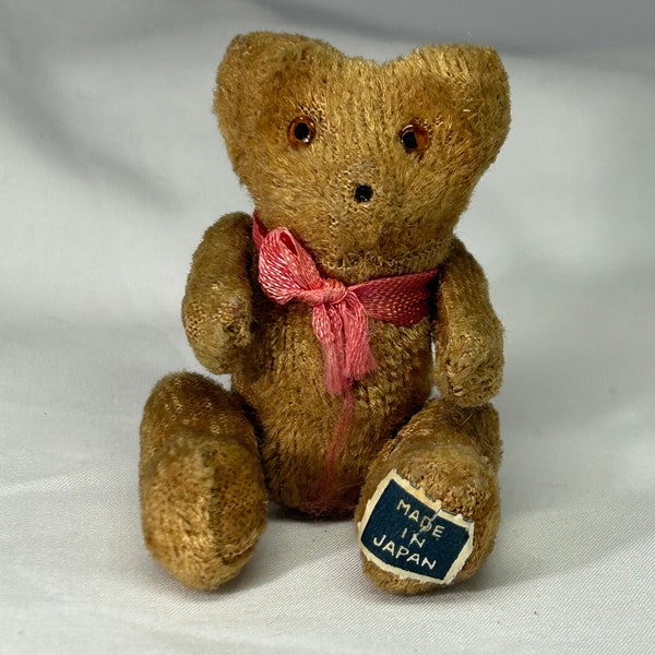 Vintage Miniature 3” Jointed Teddy Bear Original Sticker Japan Glass Eyes