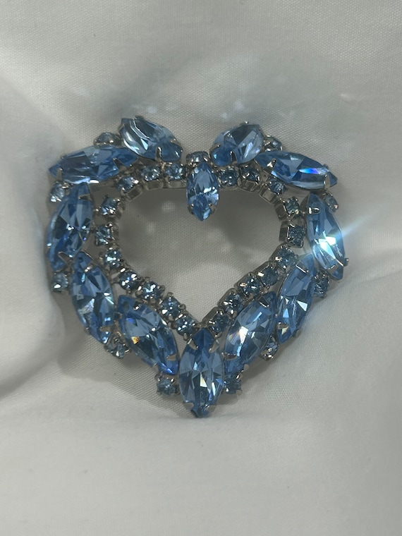 Vintage Blue Rhinestone Heart Shaped Brooch Silver