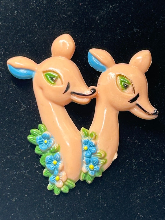 Vintage Pink Celluloid Double Deer Brooch/Pin With