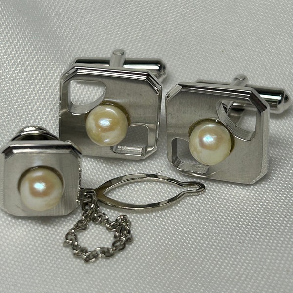 Vintage Silver Toned  Pearl Cufflinks And Tie Tack