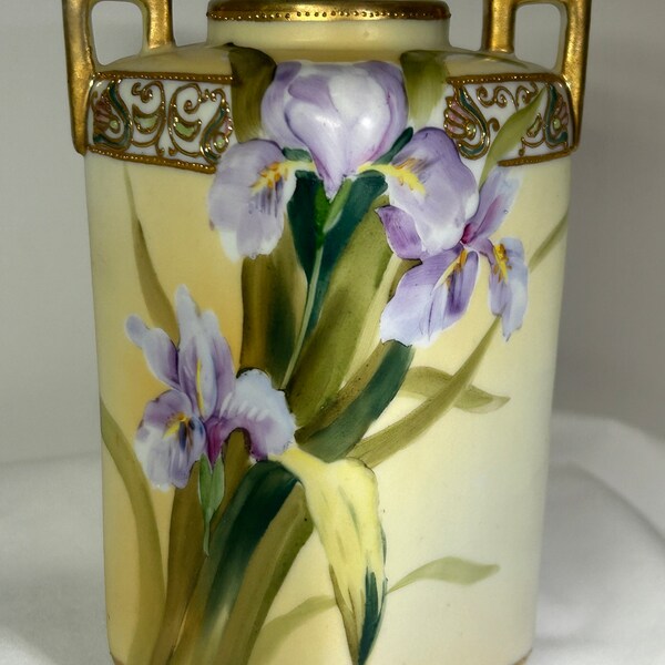 Nippon Porcelain Hand Painted Moriage Purple Iris Two Handled Square Vase 5.75” Antique