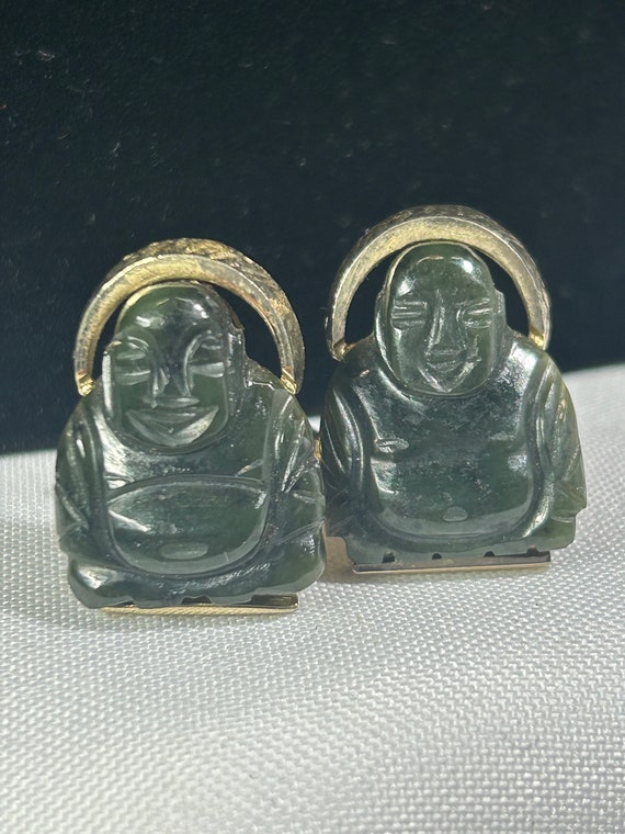Vintage Dante Brushed Gold Tone Jade Buddha Cuffli