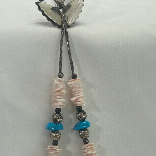 Vintage Twisted Liquid Silver Mother Of Pearl Butterfly, Shell, Stone, Silver Beaded Hair Clip Native American Style