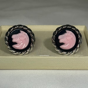 Vintage Silver Toned Pink Glass Trojan Horses Black Background Unisex Cufflinks