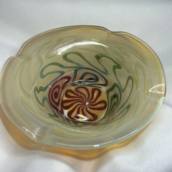Vintage Fused Murano Style Hand Blown Opalescent Glass With Green, Blue, Red Swirls  Red Flower On Bottom Ashtray