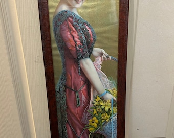 Rare 1911 Pabst Extract Yard Long American Girl Holding Daffodils Lithograph Picture Old Frame and Glass