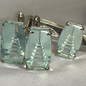 Japanese Opalescent Reverse Carved Pagoda Cufflinks and Tie Clip