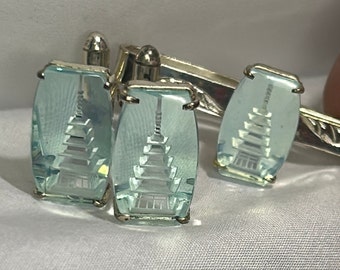 Japanese Opalescent Reverse Carved Pagoda Cufflinks and Tie Clip