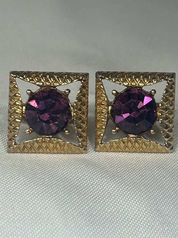 Vintage Gold Toned Purple Rhinestone Cufflinks