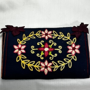 Vintage Embroidered Linen Sewing Needle Case Holder Dark Blue