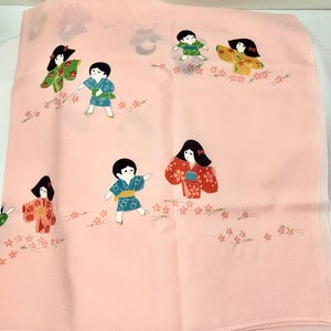 Vintage Pink Japanese Scarf Children In Kimonos And Cherry Blossoms Original Box