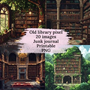 Könnte beinhalten: Digitale Kunst mit pixeligen Bildern alter Bibliotheken. Die Bilder zeigen verschiedene Bibliothekszenen mit Bücherregalen, Torbögen und natürlichen Elementen. Der Text auf dem Bild lautet "Old library pixel 20 images Junk journal Printable PNG."