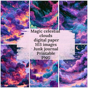 May include: A digital paper set with images of magical celestial clouds in purple, pink, and blue hues. The image includes the text: "Magic celestial clouds digital paper 103 images Junk journal Printable PNG."