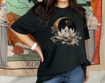 Celestial Lotus Moon T-Shirt, Boho Celestial Shirt, Gift for Her, Celestial Moon Shirt, Vintage Moon T, Astrology TShirt, Lotus Moon T Shirt
