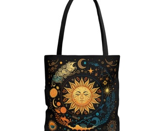 Celestial Sun & Stars Canvas Tote Bag, Boho Sun Tote, Gift for Her, Celestial Sun Tote Bag, Vintage Sun Tote Bag, Astrology Sun Canvas Tote
