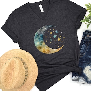 Celestial Moon & Stars V Neck T-Shirt, Boho Celestial Shirt, Gift for Her, Celestial Moon Shirt, Vintage Moon T, Astrology T Shirt, Stars