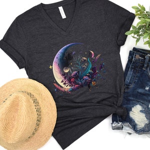 Celestial Moon with Flowers V Neck T-Shirt, Boho Celestial Shirt, Gift for Her, Celestial Moon Shirt, Vintage Moon T, Astrology T Shirt