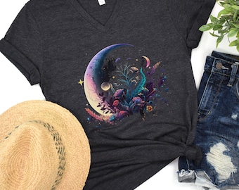 Celestial Moon with Flowers V Neck T-Shirt, Boho Celestial Shirt, Gift for Her, Celestial Moon Shirt, Vintage Moon T, Astrology T Shirt