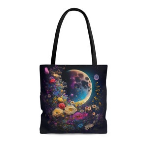 Celestial Moon & Flowers Canvas Tote Bag, Boho Moon Tote, Gift for Her, Celestial Moon Tote Bag, Vintage Moon Tote Bag, Astrology Moon Tote