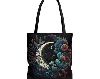 Celestial Moon with Flowers Canvas Tote Bag, Boho Celestial Tote, Gift for Her, Celestial Moon Bag, Vintage Moon Tote, Astrology Tote Bag