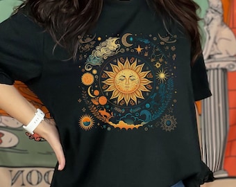Celestial Sun & Stars T-Shirt, Boho Celestial Shirt, Gift for Her, Celestial Sun Shirt, Vintage Sun T, Astrology T Shirt, Celestial Stars