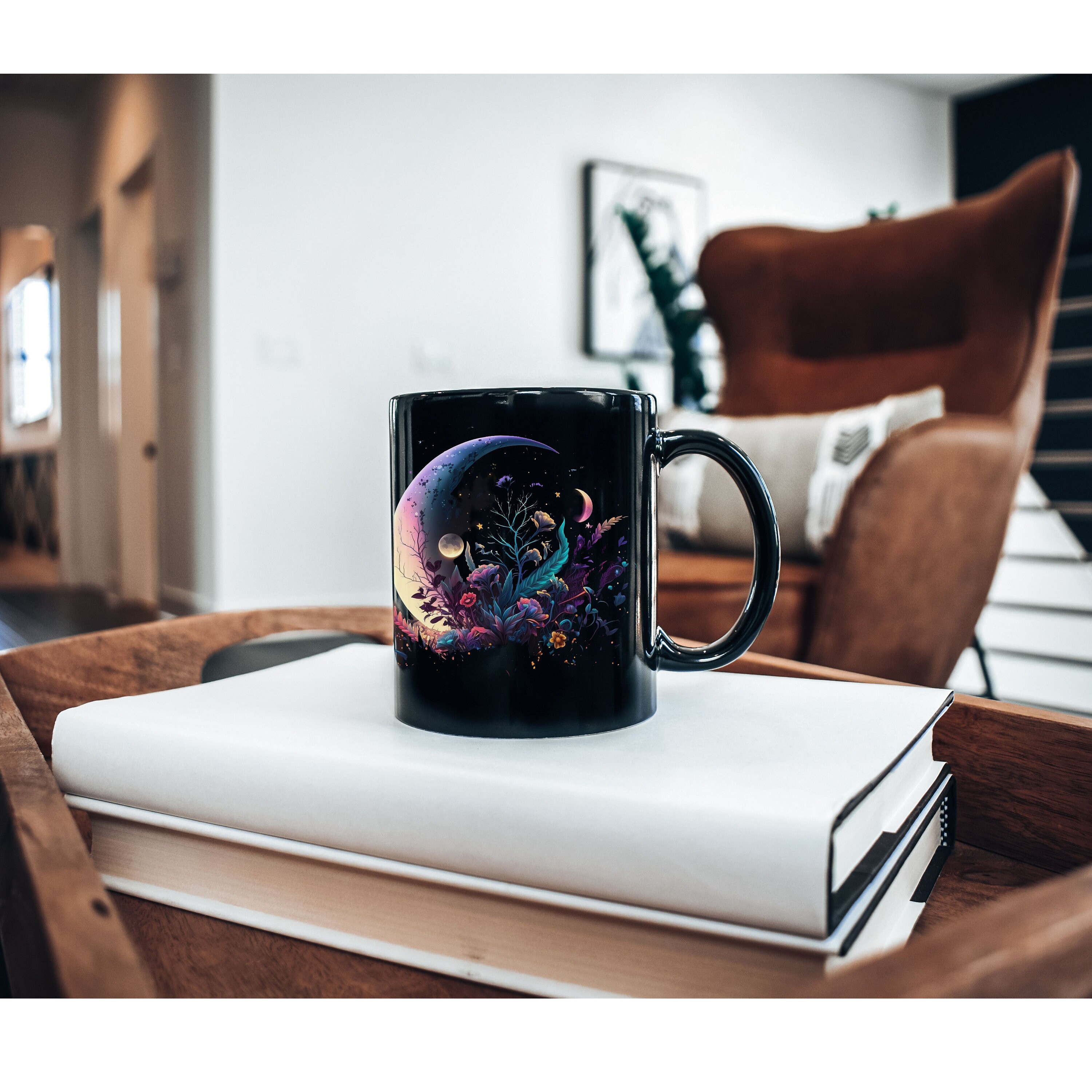 Celestial Moons and Flowers Coffee Mug, Boho Celestial Mug, Gift for Her, Celestial Moon Coffee Mug, Vintage Moon Cup, Astrology Mug