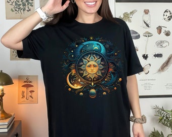 Celestial Sun & Stars T-Shirt, Boho Celestial Shirt, Gift for Her, Celestial Sun Shirt, Vintage Sun T, Astrology T Shirt, Celestial Stars