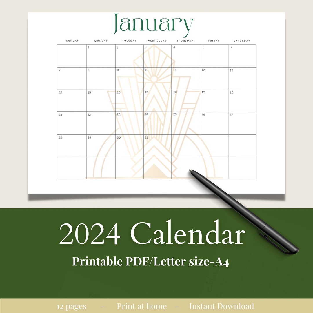 Art Deco Calendar, Printable Calendar, 2024 Calendar, Digital Calendar