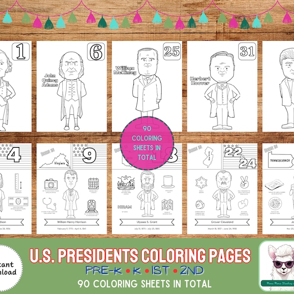 United States Presidents Coloring Pages, Printable President Worksheets, Homeschool Resources, Social Studies Curriculum