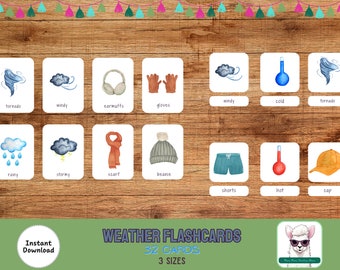 Weather Flashcards for Kids, Montessori Cards, Preschool Curriculum, Printable Flashcards, Toddler Learning, Education Cards