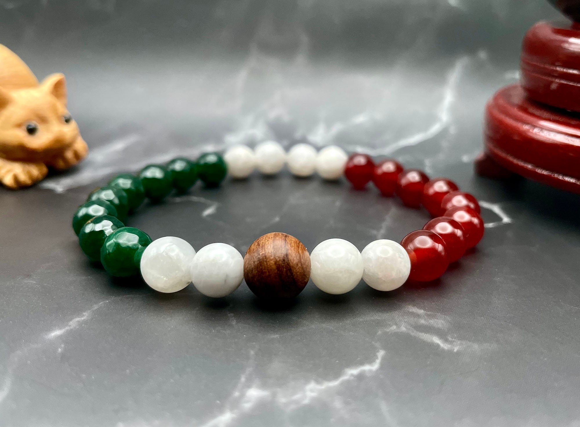 Mexico Flag Color Gemstone Beaded Bracelet With Emerald Green