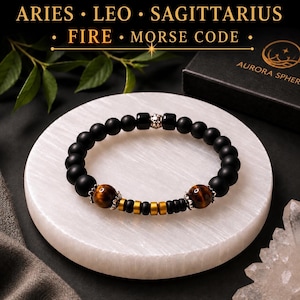 Aries - Leo - Sagittarius Zodiac Fire Element Morse Code Bracelet | Fire Element Gemstone Bracelet Tiger Eye, Carnelian, Citrine or Sunstone