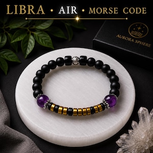 Bracelet en pierre précieuse avec inscription en morse, symbole de l'élément Air de la Balance, orné d'améthyste, de labradorite ou de quartz clair • Cadeau pour femme ou homme Balance