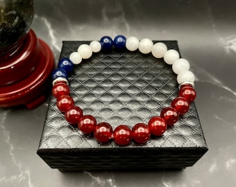 Chile Flag Color Gemstone Beaded Bracelet, Men's and Women's (8mm beads)