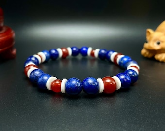 United Kingdom Flag Color Gemstone Bracelet: Lapis Lazuli & Carnelian Beads, Free Gift Box Available Option at Checkout
