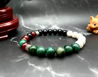 Bracelet en perles de pierre précieuse de couleur drapeau de la Palestine, homme et femme (perles de 8 mm)