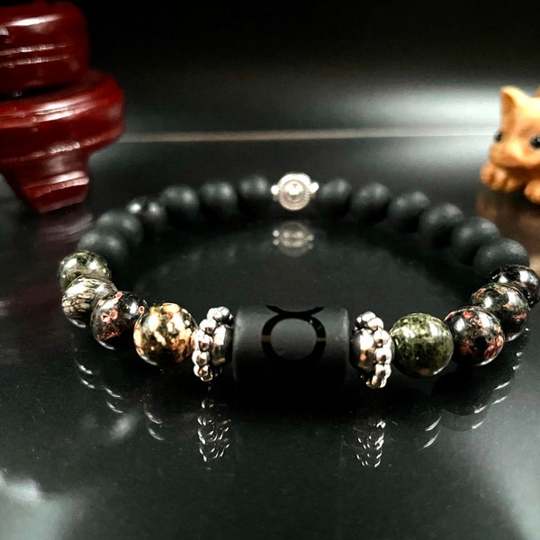 Taurus Zodiac Black Charm Gemstone Bracelet with Red Snowflake Obsidian & Matte Black Pearl beads, Stretch bracelet (8mm beads)