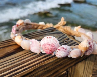 Seashell Mermaid Crown: Adjustable Hemp Headband with Scallop Shells