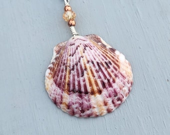 Real seashell necklace on stainless steel chain. Scallop shell necklace. Beach boho jewelry for women and girls.