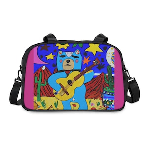 Festival Bear Overnight Handbag| Gym Bag| Guitar Bear and Stars Over Shoulder Bag| Cross Body Bag