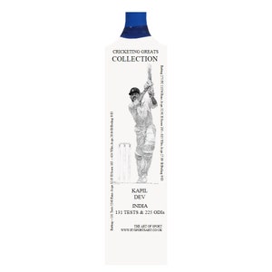 May include: A black and white illustration of a cricket player in action, with the text "CRICKETING GREATS COLLECTION" at the top and "KAPIL DEV INDIA 131 TESTS & 225 ODIs" in the middle. The text "THE ART OF SPORT WWW.EVSPORTSART.CO.UK" is at the bottom.