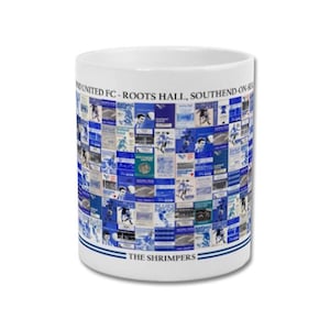 May include: White ceramic mug with a collage of blue and white images and text. The mug has a blue stripe near the top and the text "THE SHRIMPERS" at the bottom. The mug is a souvenir from Southend United FC, Roots Hall.