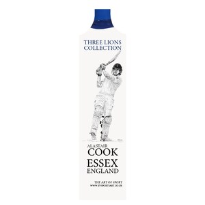 May include: A black and white illustration of a cricket player in action, with the text "Three Lions Collection", "Alastair Cook", "Essex", "England", "The Art of Sport", and "www.eysportsart.co.uk" printed below the image.