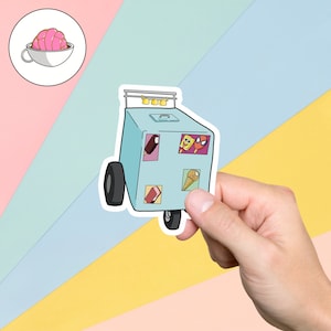 May include: A blue ice cream cart sticker with a variety of ice cream flavors, including a chocolate bar, a popsicle, a cone, and a Spiderman popsicle.