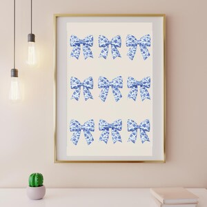 Chinoiserie Bow Wall Art - 9 Bow Aesthetic, Digital Wall Art, Nursery Art, Blue Floral Bow, Chinoiserie Coquette Bow Art
