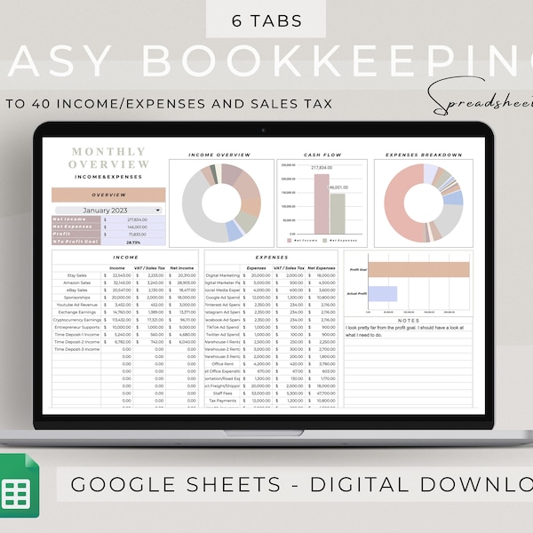 Easy Bookkeeping Spreadsheet Template for Google Sheets, Small Business Bookkeeping Spreadsheet, Income & Expense Tracker