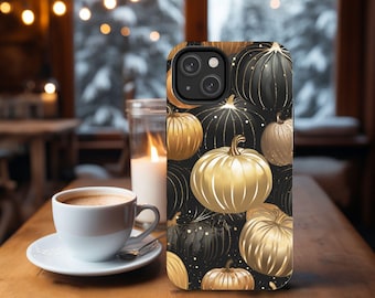 Glittery Pumpkin Phone Case: Gold & Black Fall Design